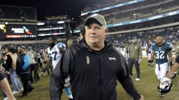 Nov 10, 2014; Philadelphia, PA, USA; Philadelphia Eagles head coach Chip Kelly runs off the field after defeating the Carolina Panthers at Lincoln Financial Field. The Eagles defeated the Panthers, 45-21. Mandatory Credit: Eric Hartline-USA TODAY Sports