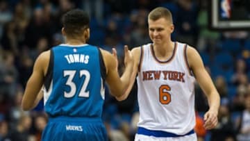 Feb 20, 2016; Minneapolis, MN, USA; New York Knicks forward Kristaps Porzingis (6) greets Minnesota Timberwolves center Karl-Anthony Towns (32) prior to the game at Target Center. The Knicks defeated the Timberwolves 103-95. Mandatory Credit: Brace Hemmelgarn-USA TODAY Sports