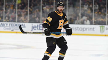 BOSTON, MA - NOVEMBER 29: David Krejci #46 of the Boston Bruins skates against the New York Rangers at the TD Garden on November 29, 2019 in Boston, Massachusetts. (Photo by Steve Babineau/NHLI via Getty Images)