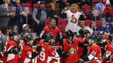 OTTAWA, ON - FEBRUARY 15: Cody Goloubef #29 of the Ottawa Senators celebrates his third period goal with team mates Nikita Zaitsev #22, Dylan DeMelo #2, Scott Sabourin #49 and Nick Paul #13 against the Toronto Maple Leafs at Canadian Tire Centre on February 15, 2020 in Ottawa, Ontario, Canada. (Photo by Jana Chytilova/Freestyle Photography/Getty Images)