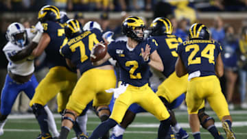 ANN ARBOR, MI - AUGUST 31: Michigan Wolverines quarterback Shea Patterson (2) throws a pass during a non-conference game between the Middle Tennessee State Blue Raiders and the Michigan Wolverines on August 31, 2019 at Michigan Stadium in Ann Arbor, Michigan. Michigan defeated Middle Tennessee State 40-21. (Photo by Scott W. Grau/Icon Sportswire via Getty Images)
