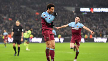 LONDON, ENGLAND - JANUARY 01: Felipe Anderson of West Ham United celebrates scoring the 4th West Ham goal during the Premier League match between West Ham United and AFC Bournemouth at London Stadium on January 01, 2020 in London, United Kingdom. (Photo by Justin Setterfield/Getty Images)
