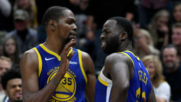 SALT LAKE CITY, UT - OCTOBER 19: Kevin Durant #35 of the Golden State Warriors tries to calm down teammate Draymond Green #23 after a foul in the second half of a NBA game against the Utah Jazz at Vivint Smart Home Arena on October 19, 2018 in Salt Lake City, Utah. NOTE TO USER: User expressly acknowledges and agrees that, by downloading and or using this photograph, User is consenting to the terms and conditions of the Getty Images License Agreement. (Photo by Gene Sweeney Jr./Getty Images)