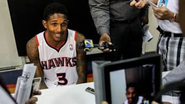 October 1, 2012; Atlanta, GA, USA; Atlanta Hawks point guard Lou Williams (3) is interviewed during media day at Philips Arena. Mandatory Credit: Daniel Shirey-USA TODAY Sports