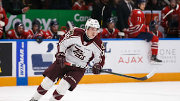 OSHAWA, ON - JANUARY 31: J.R. Avon #10 of the Peterborough Petes skates during an OHL game against the Oshawa Generals at the Tribute Communities Centre on January 31, 2020 in Oshawa, Ontario, Canada. (Photo by Chris Tanouye/Getty Images)