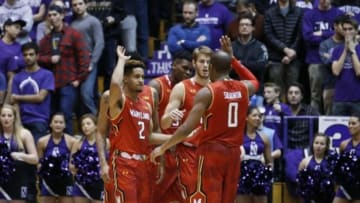 Jan 2, 2016; Evanston, IL, USA; Maryland Terrapins guard Melo Trimble (2)celebrates with teammates after scoring against the Northwestern Wildcats during the second half at Welsh-Ryan Arena. The Maryland Terrapins won 72-59. Mandatory Credit: Kamil Krzaczynski-USA TODAY Sports