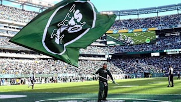 Oct 23, 2016; East Rutherford, NJ, USA; A New York Jets flag waves in the end zone after a touchdown run by New York Jets running back Matt Forte (22) (not shown) during the second half at MetLife Stadium. The Jets defeated the Ravens 24-16. Mandatory Credit: Ed Mulholland-USA TODAY Sports