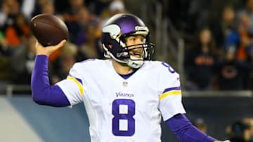 Oct 31, 2016; Chicago, IL, USA; Minnesota Vikings quarterback Sam Bradford (8) drops back to pass against the Chicago Bears during the second half at Soldier Field. Mandatory Credit: Mike DiNovo-USA TODAY Sports