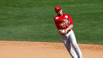 Mar 16, 2016; Lake Buena Vista, FL, USA; St. Louis Cardinals shortstop Aledmys Diaz (73) throws to first for the out against the Atlanta Braves during the eighth inning at Champion Stadium. Mandatory Credit: Butch Dill-USA TODAY Sports