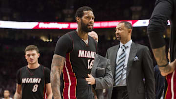 Dec 3, 2016; Portland, OR, USA; Miami Heat forward James Johnson (16) receives a second technical foul and is ejected from the game during in a game against the Portland Trail Blazers at Moda Center. The Trail Blazers won 99-92. Mandatory Credit: Troy Wayrynen-USA TODAY Sports