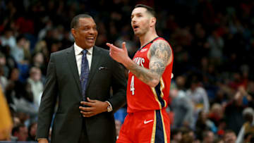 NEW ORLEANS, LOUISIANA - JANUARY 08: JJ Redick #4 of the New Orleans Pelicans stands on the court with head coach Alvin Gentry of the New Orleans Pelicans during a NBA game against the Chicago Bulls at Smoothie King Center on January 08, 2020 in New Orleans, Louisiana. NOTE TO USER: User expressly acknowledges and agrees that, by downloading and or using this photograph, User is consenting to the terms and conditions of the Getty Images License Agreement. (Photo by Sean Gardner/Getty Images)