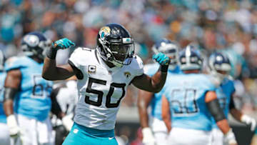 JACKSONVILLE, FL - SEPTEMBER 23: Telvin Smith #50 of the Jacksonville Jaguars celebrates a play against the Tennessee Titans during their game at TIAA Bank Field on September 23, 2018 in Jacksonville, Florida. (Photo by Wesley Hitt/Getty Images)