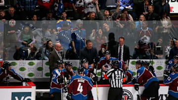 DENVER, CO - OCTOBER 19: Colorado Avalanche Head Coach Jared Bednar speaks with referee Brad Watson about a coaches challenge during the third period of a regular season game between the Colorado Avalanche and the visiting St. Louis Blues on October 19, 2017, at the Pepsi Center in Denver, CO. (Photo by Russell Lansford/Icon Sportswire via Getty Images)