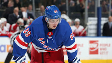 NEW YORK, NY - MARCH 19: Pavel Buchnevich #89 of the New York Rangers looks on against the Detroit Red Wings at Madison Square Garden on March 19, 2019 in New York City. (Photo by Jared Silber/NHLI via Getty Images)