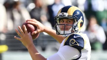 Nov 13, 2016; East Rutherford, NJ, USA;Los Angeles Rams quarterback Jared Goff (16) warms up before a game against the New York Jets at MetLife Stadium. Mandatory Credit: Robert Deutsch-USA TODAY Sports