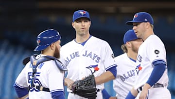 TORONTO, ON - MAY 10: J.A. Happ #33 of the Toronto Blue Jays waits on the mound moments before being relieved in the fourth inning during MLB game action against the Seattle Mariners at Rogers Centre on May 10, 2018 in Toronto, Canada. (Photo by Tom Szczerbowski/Getty Images)