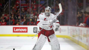 RALEIGH, NORTH CAROLINA - SEPTEMBER 27: Yaniv Perets #60 of the Carolina Hurricanes warms up prior to their game against the Florida Panthers at PNC Arena on September 27, 2023 in Raleigh, North Carolina. (Photo by Jared C. Tilton/Getty Images)