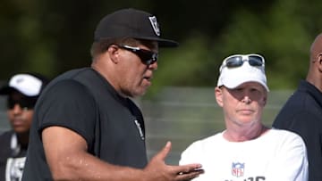 Aug 2, 2015; Napa, CA, USA; Oakland Raiders general manager Reggie McKenzie (left) and owner Mark Davis at training camp at the Napa Valley Marriott. Mandatory Credit: Kirby Lee-USA TODAY Sports