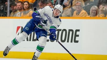 NASHVILLE, TN - APRIL 4: Quinn Hughes #43 of the Vancouver Canucks skates against the Nashville Predators at Bridgestone Arena on April 4, 2019 in Nashville, Tennessee. (Photo by John Russell/NHLI via Getty Images)