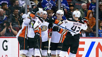 VANCOUVER, BC - MARCH 26: Sam Steel #34 of the Anaheim Ducks is congratulated by teammates after scoring during their NHL game against the Vancouver Canucks at Rogers Arena March 26, 2019 in Vancouver, British Columbia, Canada. Anaheim won 5-4. (Photo by Jeff Vinnick/NHLI via Getty Images)