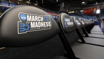 Mar 14, 2016; Dayton, OH, USA; General view of team chairs on the court bearing the March Madness logo during a practice day before the First Four of the NCAA men
