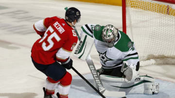SUNRISE, FL - DECEMBER 20: Noel Acciari #55 of the Florida Panthers scores his third goal of the game against Goaltender Anton Khudobin #35 of the Dallas Stars at the BB&T Center on December 20, 2019 in Sunrise, Florida. (Photo by Eliot J. Schechter/NHLI via Getty Images)