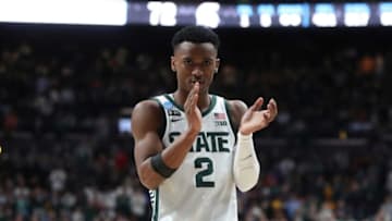 Michigan State Spartans guard Tyson Walker celebrates the 72-62 NCAA tournament win against the USC Trojans, Friday, March 17, 2023 in Columbus, Ohio.Msuusc 031623 Kd5403