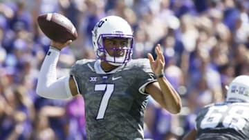 Sep 17, 2016; Fort Worth, TX, USA; TCU Horned Frogs quarterback Kenny Hill (7) throws a pass in the first quarter against the Iowa State Cyclones at Amon G. Carter Stadium. Mandatory Credit: Tim Heitman-USA TODAY Sports