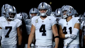 MIAMI GARDENS, FL - NOVEMBER 05: Derek Carr #4 of the Oakland Raiders of the Oakland Raiders looks on during a game against the Miami Dolphins at Hard Rock Stadium on November 5, 2017 in Miami Gardens, Florida. (Photo by Mike Ehrmann/Getty Images)