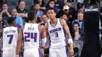SACRAMENTO, CA - MARCH 27: Darren Collison #7, Buddy Hield #24 and Skal Labissiere #3 of the Sacramento Kings face off against the Memphis Grizzlies on March 27, 2017 at Golden 1 Center in Sacramento, California. NOTE TO USER: User expressly acknowledges and agrees that, by downloading and or using this photograph, User is consenting to the terms and conditions of the Getty Images Agreement. Mandatory Copyright Notice: Copyright 2017 NBAE (Photo by Rocky Widner/NBAE via Getty Images)
