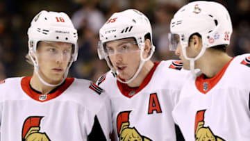 BOSTON, MA - APRIL 07: Ryan Dzingel #18 of the Ottawa Senators, Matt Duchene #95, and Colin White #36 talk during the second period against the Boston Bruins at TD Garden on April 7, 2018 in Boston, Massachusetts. (Photo by Maddie Meyer/Getty Images)