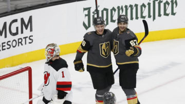 LAS VEGAS, NV - JANUARY 06: Vegas Golden Knights center Paul Stastny (26) and left wing Max Pacioretty (67) celebrate after scoring a goal during a regular season game between the New Jersey Devils and the Vegas Golden Knights Sunday, Jan. 6, 2019, at T-Mobile Arena in Las Vegas, NV. (Photo by Marc Sanchez/Icon Sportswire via Getty Images)