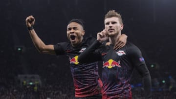 LONDON, ENGLAND - FEBRUARY 19: Timo Werner of RB Leipzig (right) celebrates scoring the winning goal.(Photo by Visionhaus)