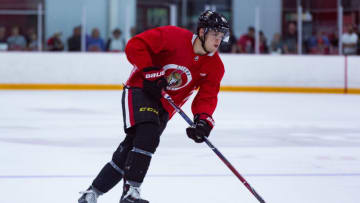 OTTAWA, ON - JUNE 29: Ottawa Senators Prospect Center Jonathan Gruden (81) skates with the puck during the Ottawa Senators Development Camp on June 29, 2018, at Richcraft Sensplex in Ottawa, ON, Canada. (Photo by Richard A. Whittaker/Icon Sportswire via Getty Images)