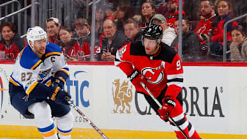 NEWARK, NJ - NOVEMBER 07: Taylor Hall against Alex Pietrangelo (Photo by Jim McIsaac/Getty Images)