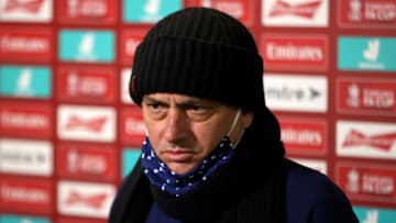 CROSBY, ENGLAND - JANUARY 10: Jose Mourinho, Manager of Tottenham Hotspur speaks to the media as he is interviewed pitch side after the FA Cup Third Round match between Marine and Tottenham Hotspur at Rossett Park on January 10, 2021 in Crosby, England. Sporting stadiums around England remain under strict restrictions due to the Coronavirus Pandemic as Government social distancing laws prohibit fans inside venues resulting in games being played behind closed doors. (Photo by Clive Brunskill/Getty Images)