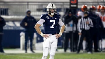 Dec 19, 2020; University Park, Pennsylvania, USA; Penn State Nittany Lions quarterback Will Levis (7) looks to the sideline during the fourth quarter against the Illinois Fighting Illini at Beaver Stadium. Penn State defeated Illinois 56-21. Mandatory Credit: Matthew OHaren-USA TODAY Sports