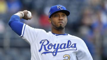 The Kansas City Royals' Alcides Escobar warms up before a game against the Boston Red Sox on Friday, July 6, 2018, at Kauffman Stadium in Kansas City, Mo. (John Sleezer/Kansas City Star/TNS via Getty Images)