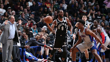 BROOKLYN, NY - APRIL 1: DeMarre Carroll #9 of the Brooklyn Nets handles the ball against Stanley Johnson #7 of the Detroit Pistons on April 1, 2018 at Barclays Center in Brooklyn, New York. NOTE TO USER: User expressly acknowledges and agrees that, by downloading and or using this Photograph, user is consenting to the terms and conditions of the Getty Images License Agreement. Mandatory Copyright Notice: Copyright 2018 NBAE (Photo by Nathaniel S. Butler/NBAE via Getty Images)