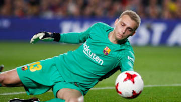 25th September 2018, Camp Nou, Barcelona, Spain; Copa del Rey football, quarter final, second leg, Barcelona versus Espanyol; Jasper Cillessen of FC Barcelona dives left to stop the shot (Photo by Eric Alonso/Action Plus via Getty Images)