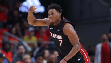 Kyle Lowry #7 of the Miami Heat reacts against the Atlanta Hawks during second half in Game Three of the Eastern Conference First Round(Photo by Kevin C. Cox/Getty Images)