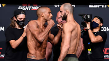 LAS VEGAS, NEVADA - AUGUST 27: (L-R) Opponents Edson Barboza of Brazil and Giga Chikadze of Georgia face off during the UFC Fight Night weigh-in at UFC APEX on August 27, 2021 in Las Vegas, Nevada. (Photo by Chris Unger/Zuffa LLC)