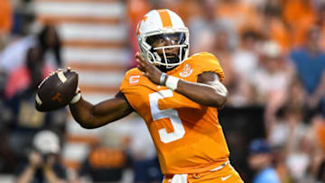 Sep 17, 2022; Knoxville, Tennessee, USA; Tennessee Volunteers quarterback Hendon Hooker (5) throws the ball during the first half against the Akron Zips at Neyland Stadium. Mandatory Credit: Bryan Lynn-USA TODAY Sports