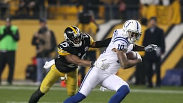 Dec 6, 2015; Pittsburgh, PA, USA; Indianapolis Colts wide receiver Donte Moncrief (10) runs the ball past Pittsburgh Steelers cornerback Brandon Boykin (25) during the second half at Heinz Field. The Steelers won the game, 45-10. Mandatory Credit: Jason Bridge-USA TODAY Sports