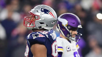 FOXBOROUGH, MA - DECEMBER 02: Trey Flowers #98 of the New England Patriots reacts in front of Kirk Cousins #8 of the Minnesota Vikings during the second half at Gillette Stadium on December 2, 2018 in Foxborough, Massachusetts. (Photo by Billie Weiss/Getty Images)