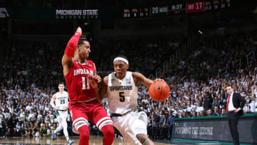 EAST LANSING, MI - FEBRUARY 02: Cassius Winston #5 of the Michigan State Spartans drives to the basket while defended by Devonte Green #11 of the Indiana Hoosiers in the first half at Breslin Center on February 2, 2019 in East Lansing, Michigan. (Photo by Rey Del Rio/Getty Images)