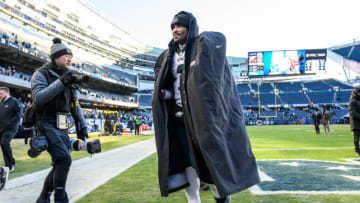 Dec 18, 2022; Chicago, Illinois, USA; Philadelphia Eagles quarterback Jalen Hurts (1) walks off the field after the game against the Chicago Bears at Soldier Field. Mandatory Credit: Daniel Bartel-USA TODAY Sports