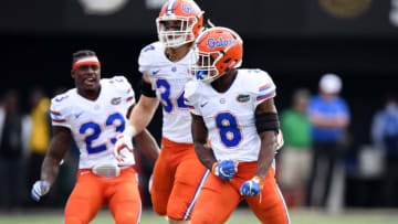 Oct 1, 2016; Nashville, TN, USA; Florida Gators defensive back Nick Washington (8) celebrates after intercepting a pass to win the game against the Vanderbilt Commodores at Vanderbilt Stadium. Florida won 13-6. Mandatory Credit: Christopher Hanewinckel-USA TODAY Sports