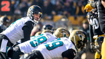 PITTSBURGH, PA - JANUARY 14: Blake Bortles #5 of the Jacksonville Jaguars looks over his offensive line during the first half of the AFC Divisional Playoff game against the Pittsburgh Steelers at Heinz Field on January 14, 2018 in Pittsburgh, Pennsylvania. Jaguars defeat Pittsburgh 45-42. (Photo by Brett Carlsen/Getty Images)