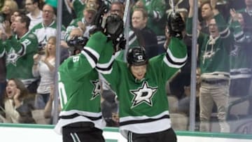 Feb 20, 2016; Dallas, TX, USA; Dallas Stars center Jason Spezza (90) and right wing Ales Hemsky (83) celebrate Hemsky